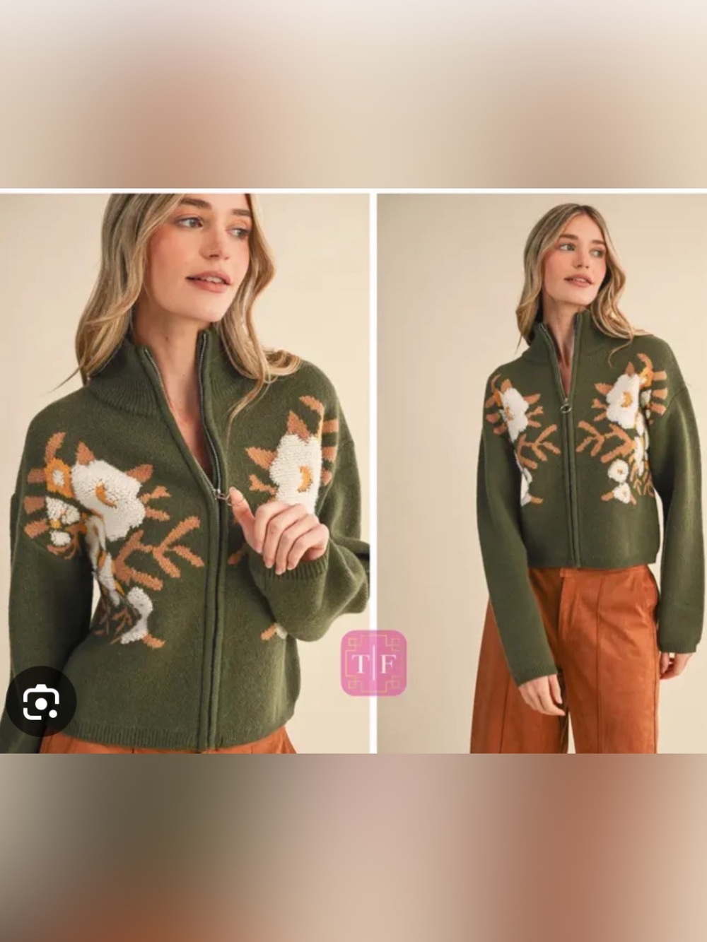 Floral Zip-Front Knit Cardigan Sweater in Olive Green